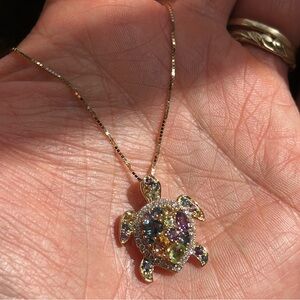 14k Gold Turtle 🐢 Pendant Necklace w/ Gemstones and diamonds 14k chain